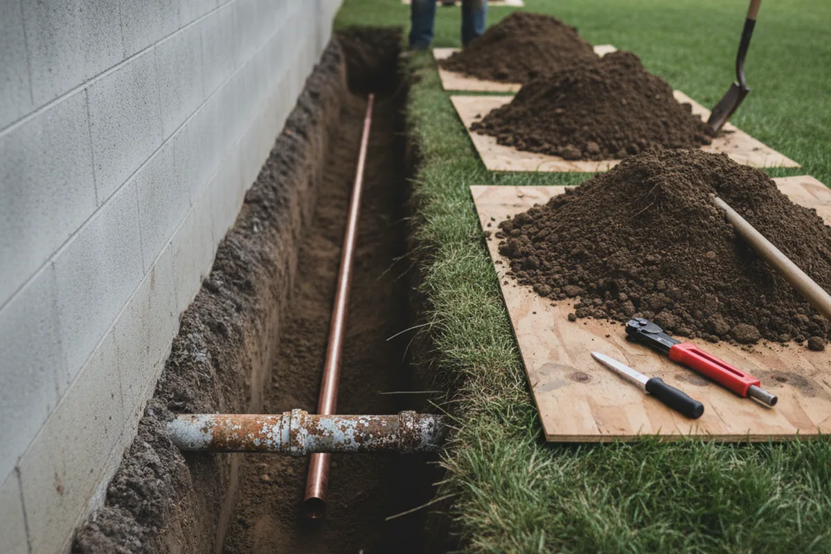 Excavated water line trench during Sewer Line Repair in Moweaqua
